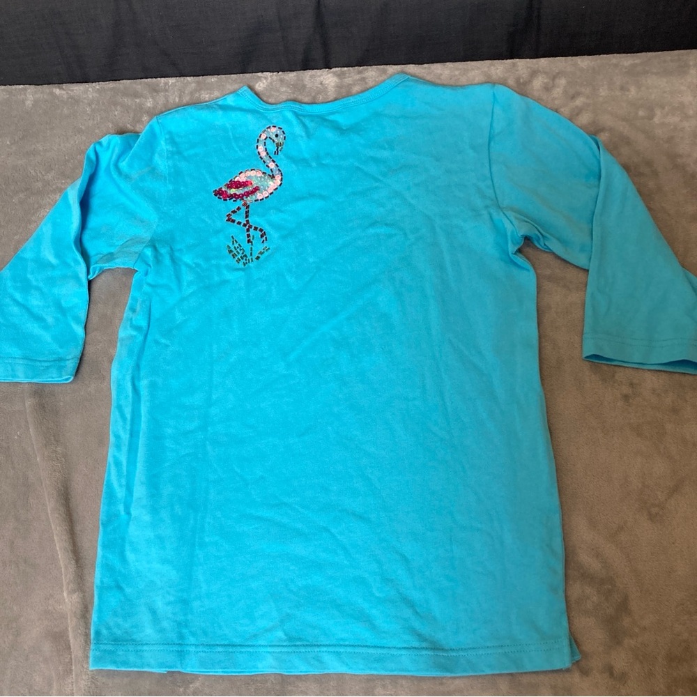 Quacker Factory Turquoise 3/4 Sleeve Tee with Sequin Flamingos - Picture 5 of 15